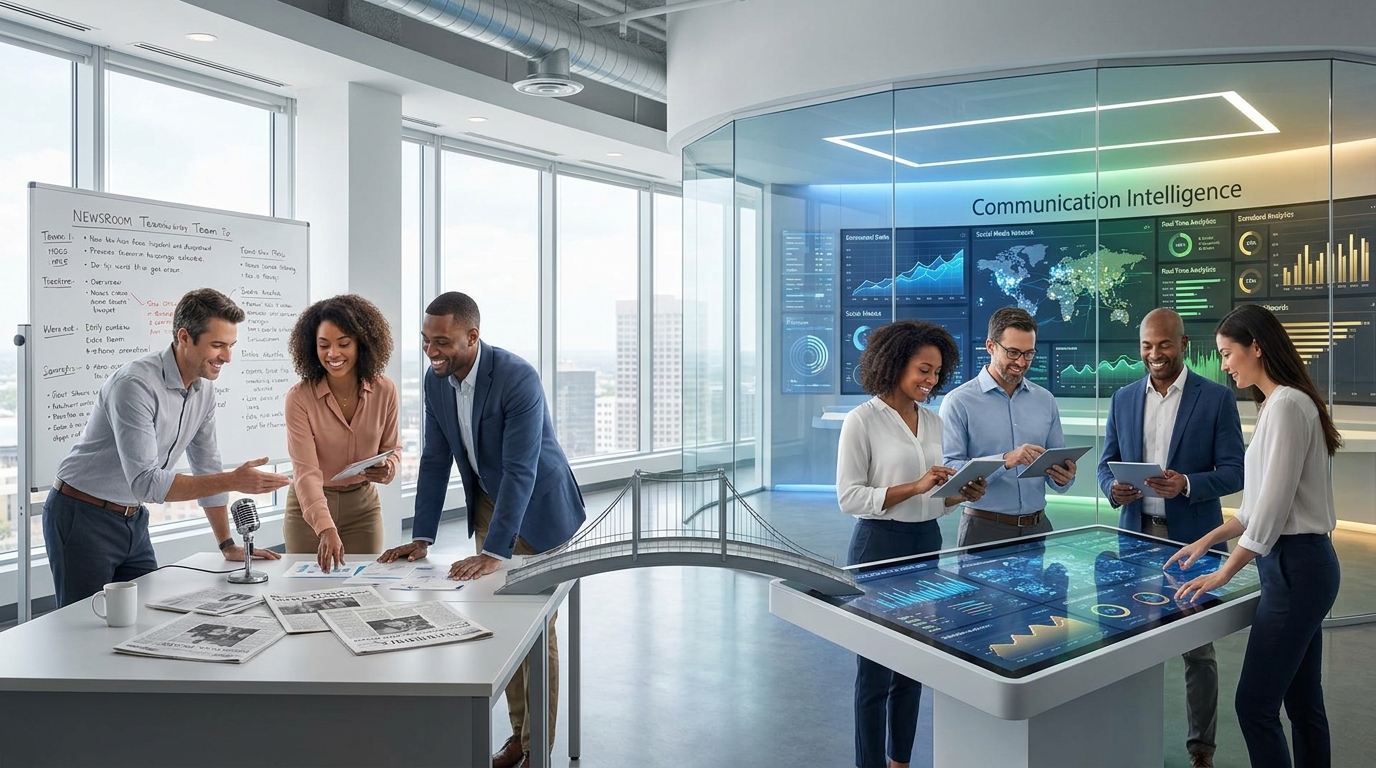 visueller-eyecatcher: Erklärseite im Marketing-Bereich Grundlagen: Vom Newsroom zur Communication Intelligence — die Entwicklung kommunaler Kommunikationsarbeit.