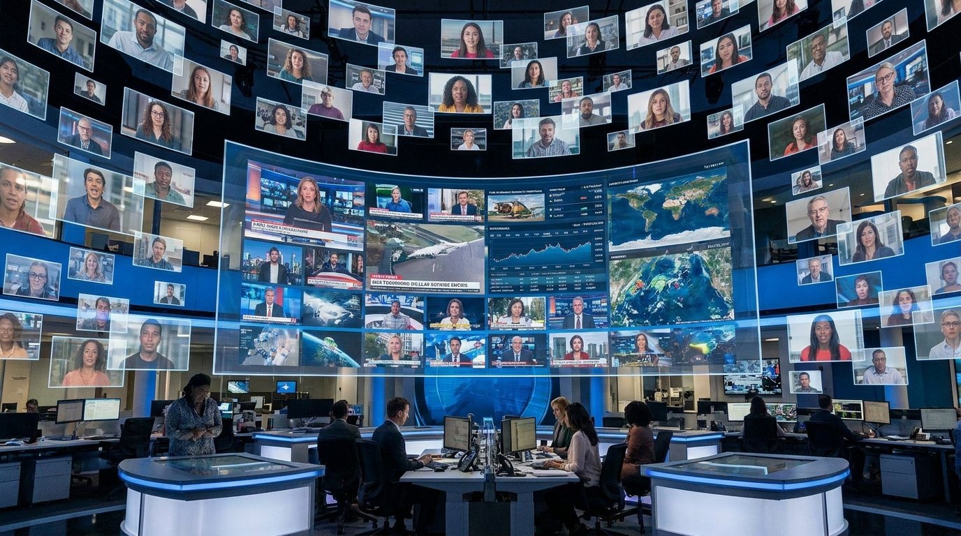 Newsroom mit vielen Bildschirmen