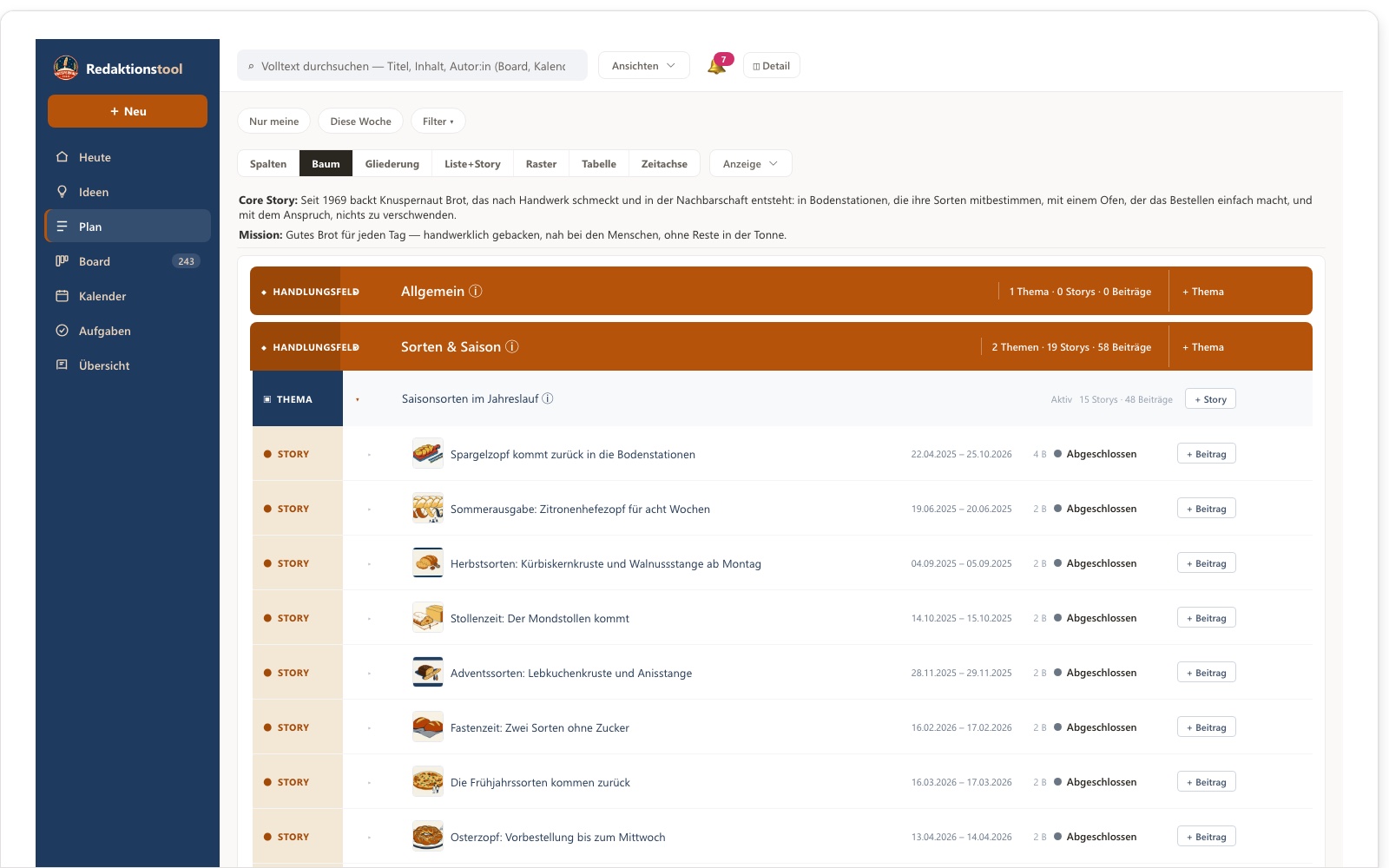 Plan des Redaktionstools mit Core Story, Mission, Handlungsfeldern, Themen und Storys